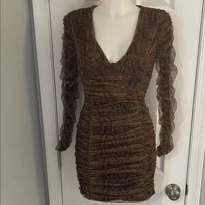ZARA BROWN SNAKE PRINT DRAPED TULLE LONG SLEEVE RUCHED BODYCON MINI DRESS SZ S